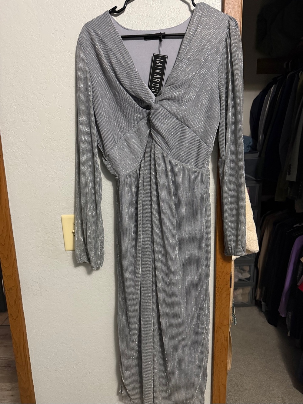 Mikarose Silver Metallic Twist-Front Long Sleeve Gown